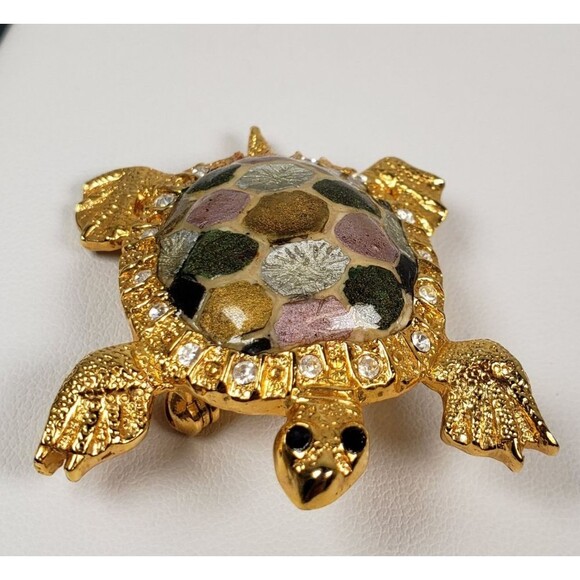 Vintage 1980 St. John Signed Gold Tone  And Rhinestone Elegant Turtle Brooch Pin - Picture 7 of 14